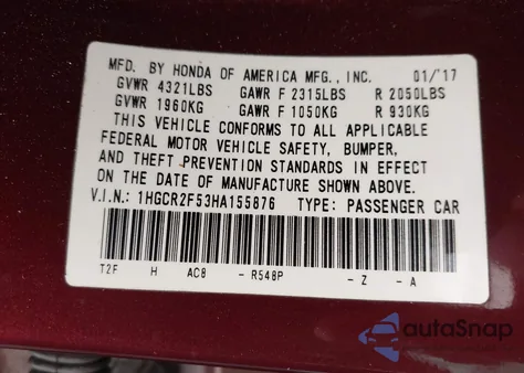 2017 Honda Accord Sport from USA, damaged, VIN 1HGCR2F53HA155876